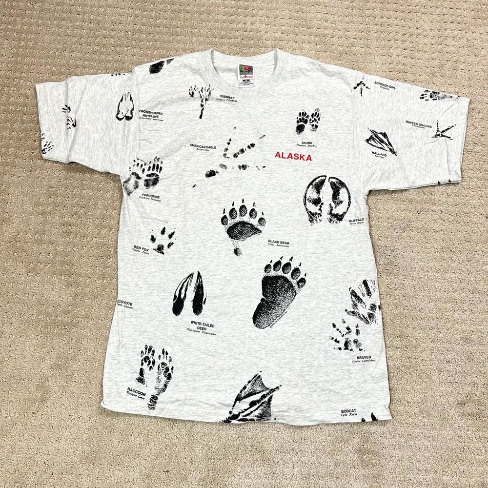 Vintage Alaska Animal Tracks All Over Print Shirt Mens Medium 90s Nature Outdoor - Picture 3 of 6